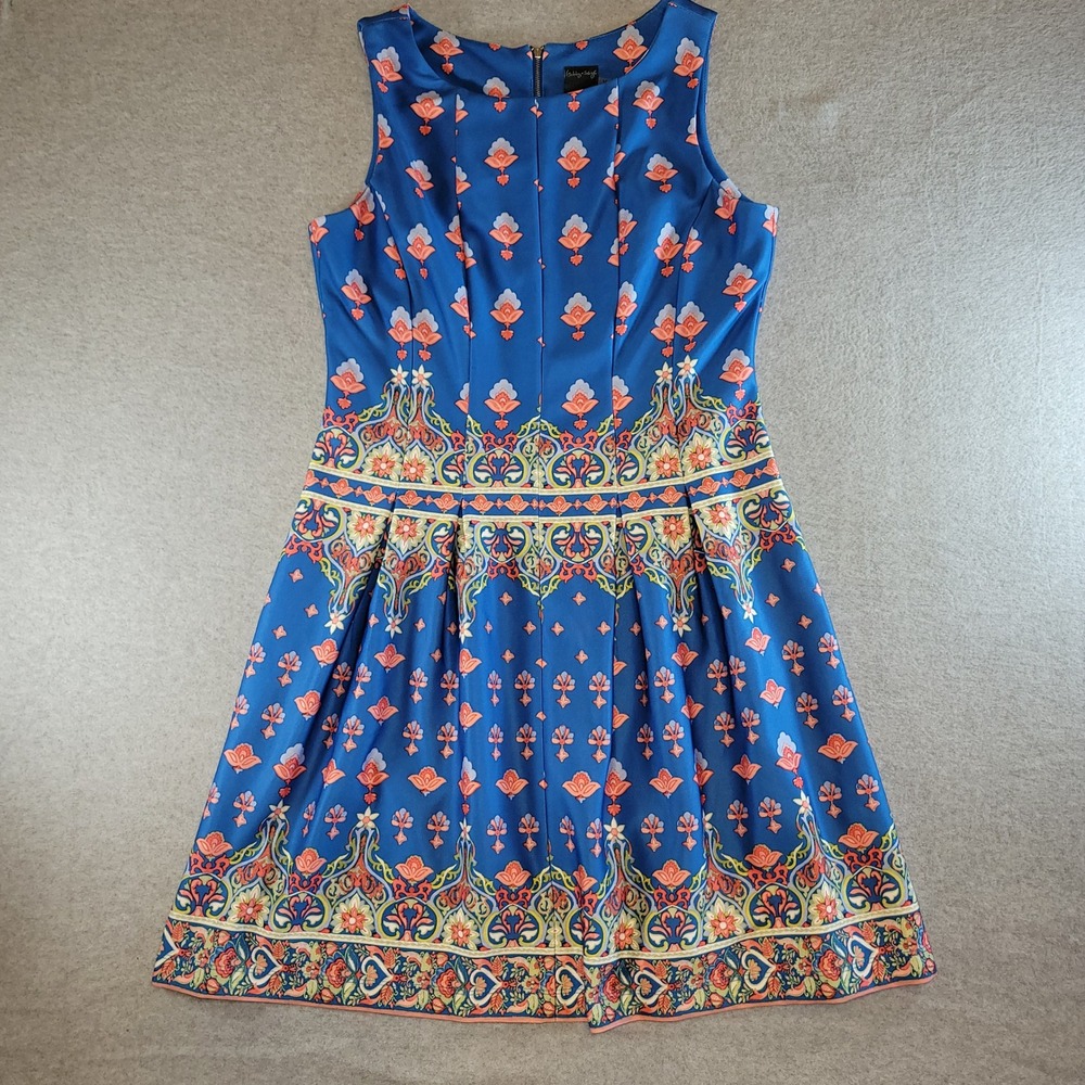 Gabby Skye Blue Floral Border Print Fit and Flare Scuba Dress Pockets Size 14
